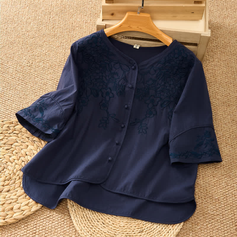 Buddha Stones Camisas de manga tres cuartos para mujer, estilo vintage, con cuello en V, botones y bordado floral, ideales para el verano. - Azul medianoche - US8-10，UK/AU12-14，EU40-42 (2XL) - image 14
