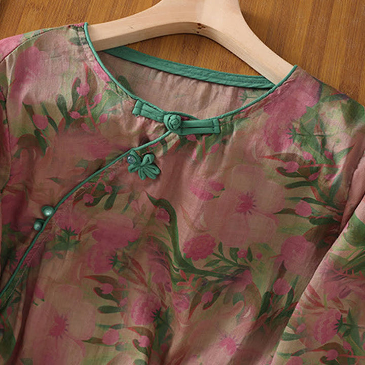 Buddha Stones Camisas de manga tres cuartos para mujer, estilo Summer Tang, con cuello mandarín, botones de rana y estampado floral. - image 2
