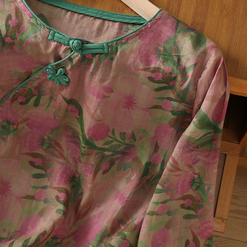Buddha Stones Camisas de manga tres cuartos para mujer, estilo Summer Tang, con cuello mandarín, botones de rana y estampado floral. - image 4