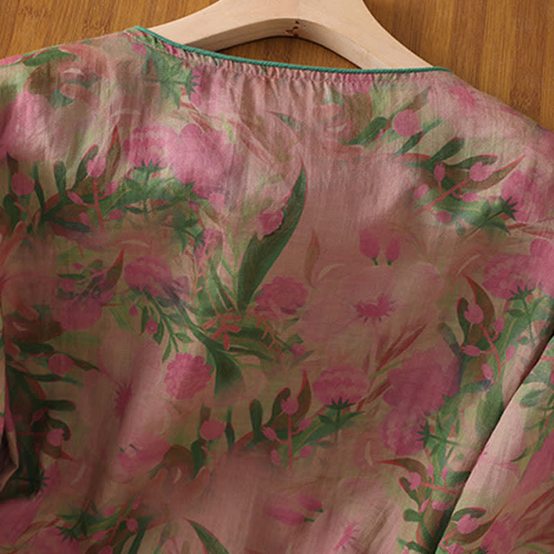 Buddha Stones Camisas de manga tres cuartos para mujer, estilo Summer Tang, con cuello mandarín, botones de rana y estampado floral. - image 3