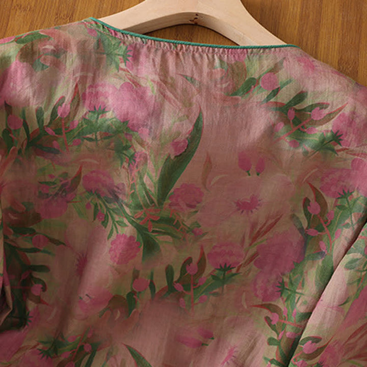 Buddha Stones Camisas de manga tres cuartos para mujer, estilo Summer Tang, con cuello mandarín, botones de rana y estampado floral. - image 3