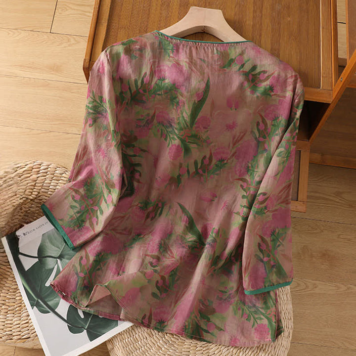 Buddha Stones Camisas de manga tres cuartos para mujer, estilo Summer Tang, con cuello mandarín, botones de rana y estampado floral. - image 1