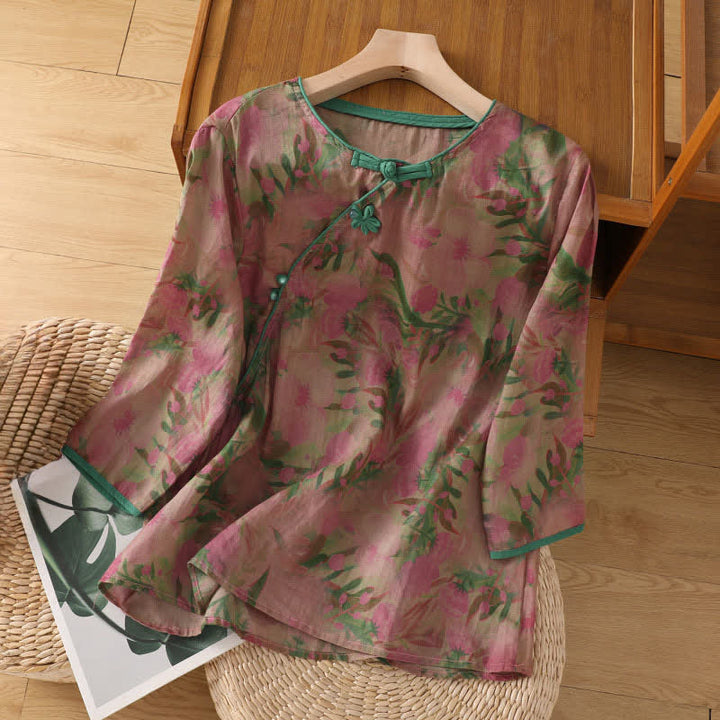 Buddha Stones Camisas de manga tres cuartos para mujer, estilo Summer Tang, con cuello mandarín, botones de rana y estampado floral. - Rojo violeta pálido - US8-10，UK/AU12-14，EU40-42 (2XL) - image 0