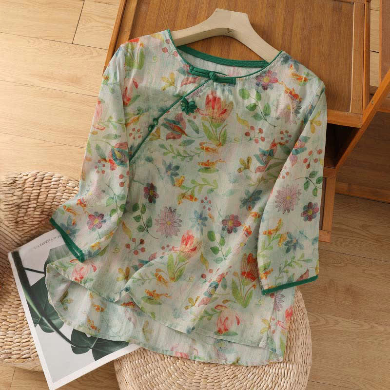 Buddha Stones Camisas de manga tres cuartos para mujer, estilo Summer Tang, con cuello mandarín, botones de rana y estampado floral. - Gotas de miel - US8-10，UK/AU12-14，EU40-42 (2XL) - image 15