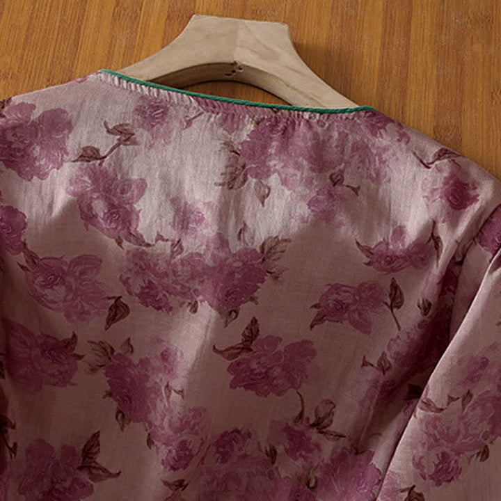 Buddha Stones Camisas de manga tres cuartos para mujer, estilo Summer Tang, con cuello mandarín, botones de rana y estampado floral. - image 10