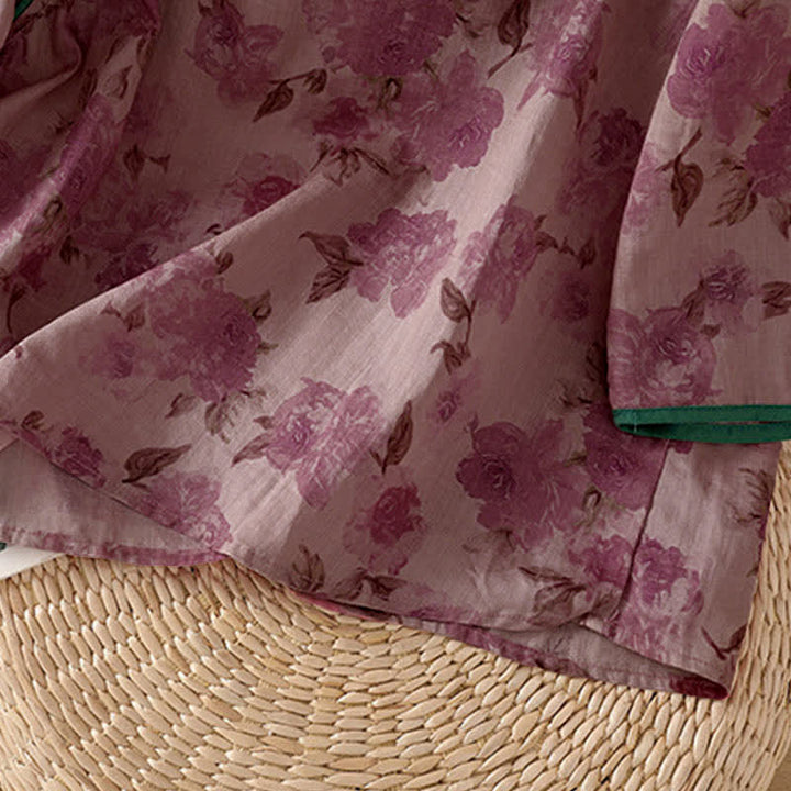 Buddha Stones Camisas de manga tres cuartos para mujer, estilo Summer Tang, con cuello mandarín, botones de rana y estampado floral. - image 13