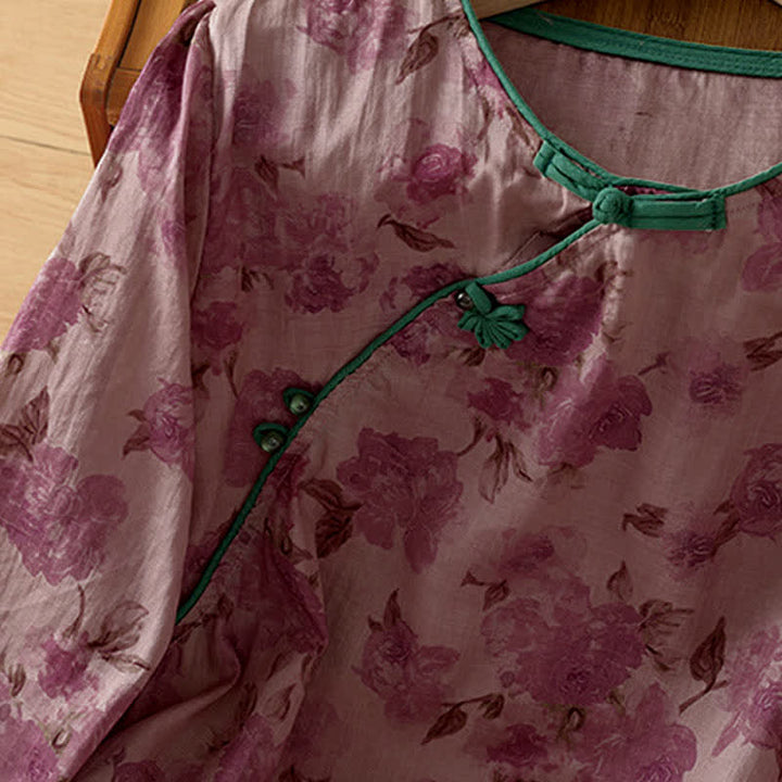 Buddha Stones Camisas de manga tres cuartos para mujer, estilo Summer Tang, con cuello mandarín, botones de rana y estampado floral. - image 11