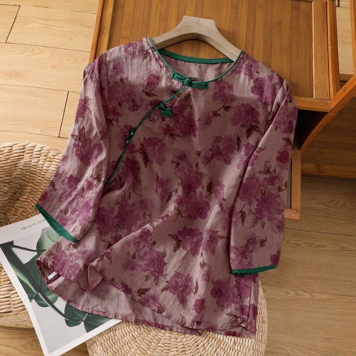 Buddha Stones Camisas de manga tres cuartos para mujer, estilo Summer Tang, con cuello mandarín, botones de rana y estampado floral. - Rojo violeta medio - US8-10，UK/AU12-14，EU40-42 (2XL) - image 7