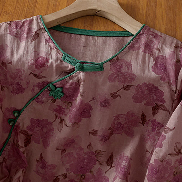 Buddha Stones Camisas de manga tres cuartos para mujer, estilo Summer Tang, con cuello mandarín, botones de rana y estampado floral. - image 9