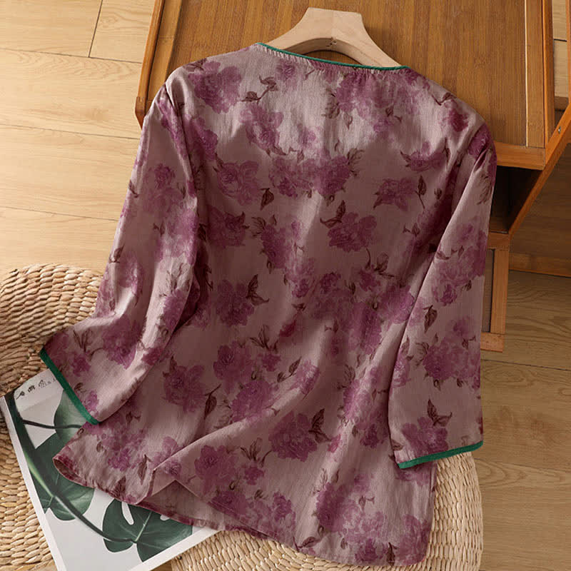 Buddha Stones Camisas de manga tres cuartos para mujer, estilo Summer Tang, con cuello mandarín, botones de rana y estampado floral. - image 8