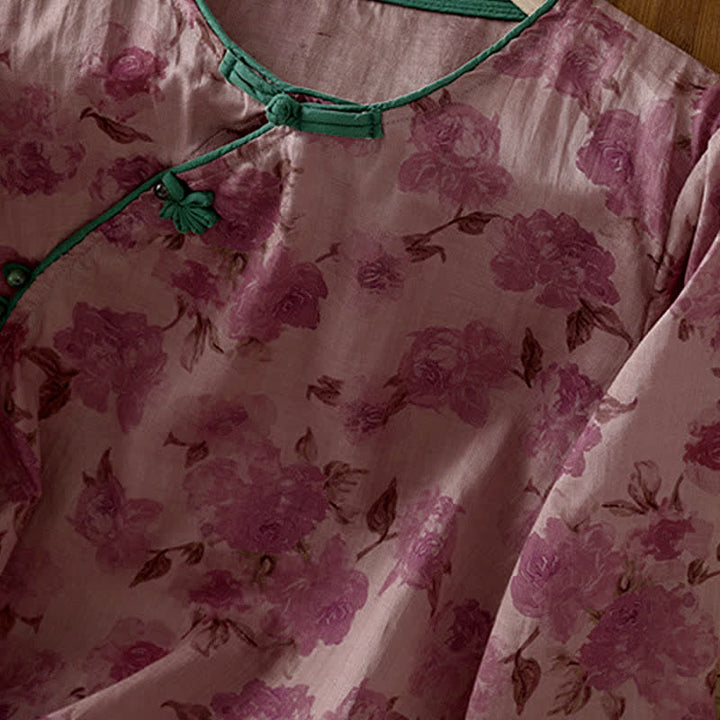 Buddha Stones Camisas de manga tres cuartos para mujer, estilo Summer Tang, con cuello mandarín, botones de rana y estampado floral. - image 12