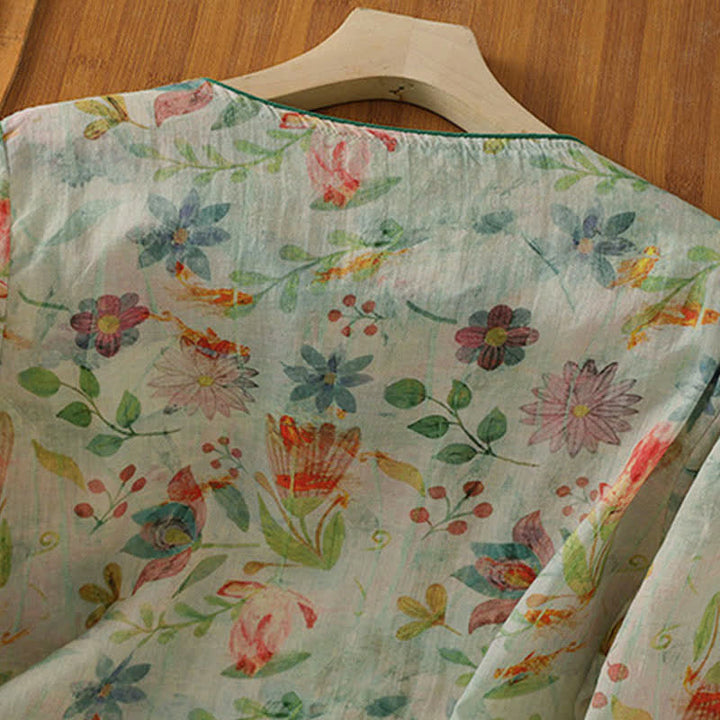 Buddha Stones Camisas de manga tres cuartos para mujer, estilo Summer Tang, con cuello mandarín, botones de rana y estampado floral. - image 18