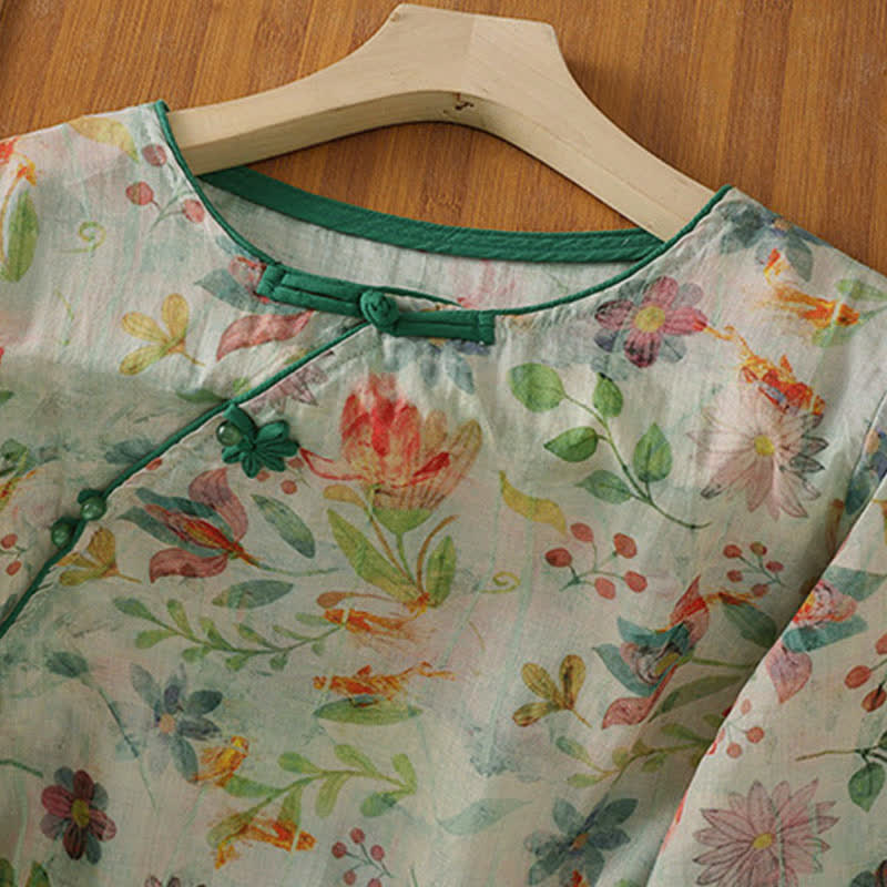 Buddha Stones Camisas de manga tres cuartos para mujer, estilo Summer Tang, con cuello mandarín, botones de rana y estampado floral. - image 17