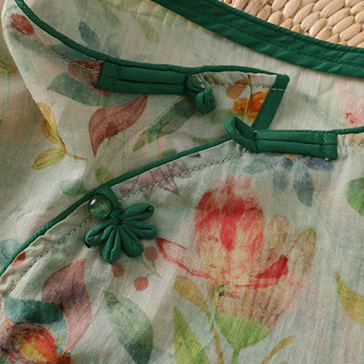 Buddha Stones Camisas de manga tres cuartos para mujer, estilo Summer Tang, con cuello mandarín, botones de rana y estampado floral. - image 20