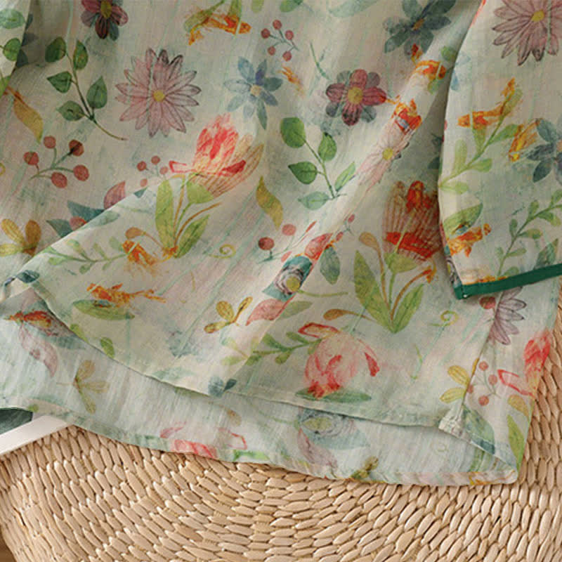 Buddha Stones Camisas de manga tres cuartos para mujer, estilo Summer Tang, con cuello mandarín, botones de rana y estampado floral. - image 22