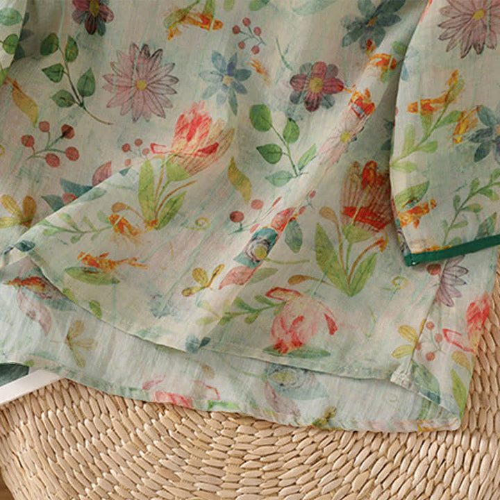 Buddha Stones Camisas de manga tres cuartos para mujer, estilo Summer Tang, con cuello mandarín, botones de rana y estampado floral. - image 22