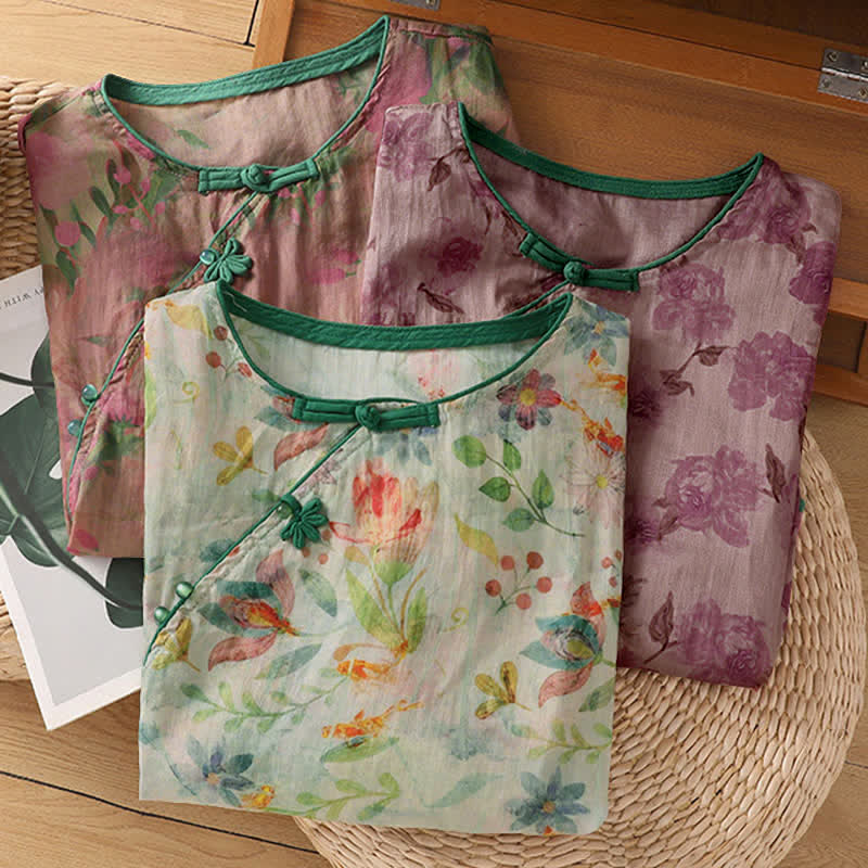Buddha Stones Camisas de manga tres cuartos para mujer, estilo Summer Tang, con cuello mandarín, botones de rana y estampado floral. - image 24