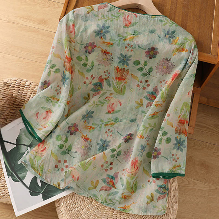Buddha Stones Camisas de manga tres cuartos para mujer, estilo Summer Tang, con cuello mandarín, botones de rana y estampado floral. - image 16