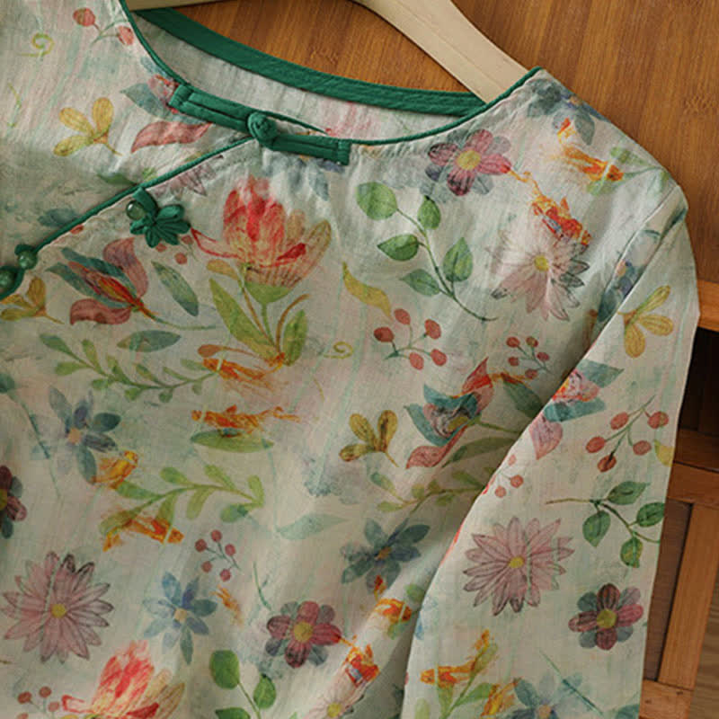Buddha Stones Camisas de manga tres cuartos para mujer, estilo Summer Tang, con cuello mandarín, botones de rana y estampado floral. - image 19