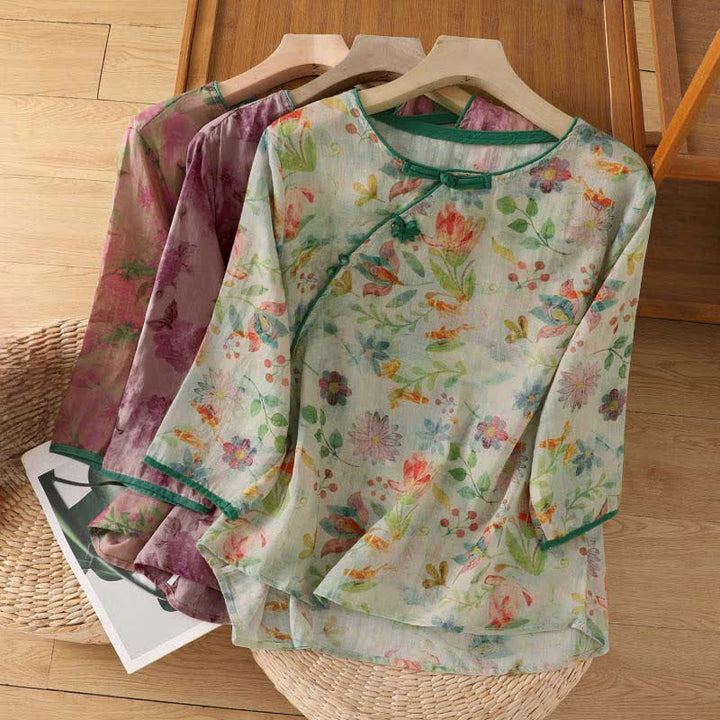 Buddha Stones Camisas de manga tres cuartos para mujer, estilo Summer Tang, con cuello mandarín, botones de rana y estampado floral. - image 23