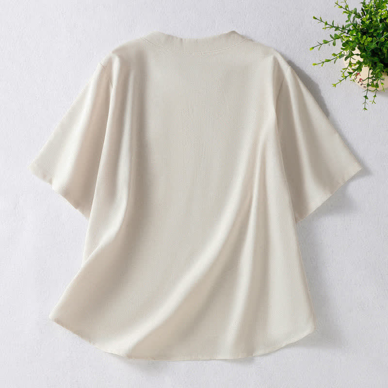 Buddha Stones Camisas de manga corta para mujer de color liso con bordado de enredaderas y botones de rana estilo Tang de verano. - image 1
