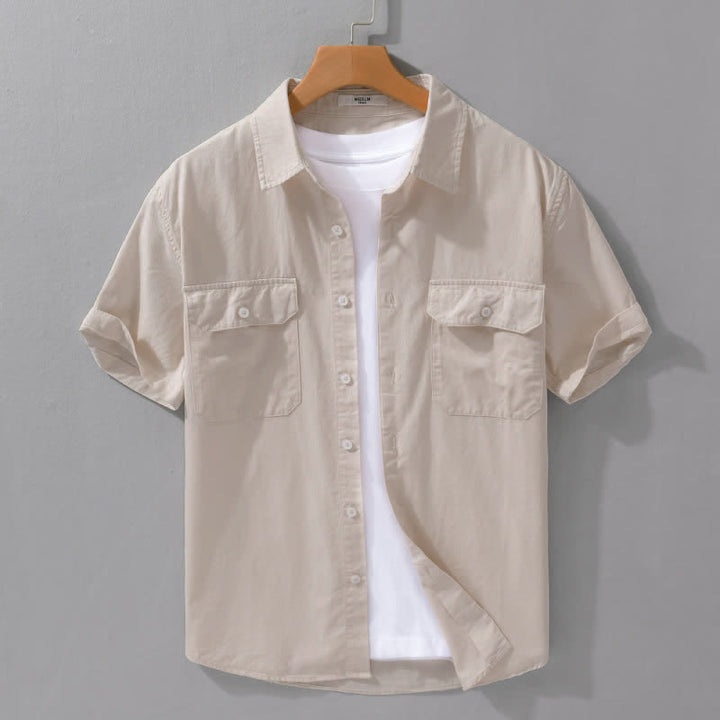 Buddha Stones Camisa clásica de manga corta para hombre, de algodón liso, con botones y bolsillos de parche, ideal para el verano. - Beige - US/UK/AU42, EU52 (3XL) - image 14