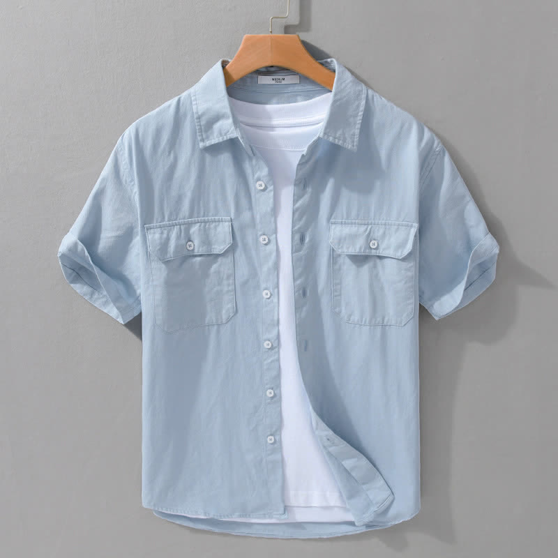 Buddha Stones Camisa clásica de manga corta para hombre, de algodón liso, con botones y bolsillos de parche, ideal para el verano. - Azul claro - US/UK/AU42, EU52 (3XL) - image 5