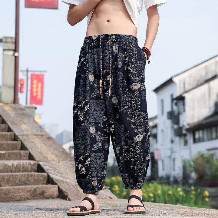 Buddha Stones Pantalones cortos de verano estilo boho casual con cordón ajustable, estampado de elefante y árbol, estilo harem para hombre con bolsillos. - image 15