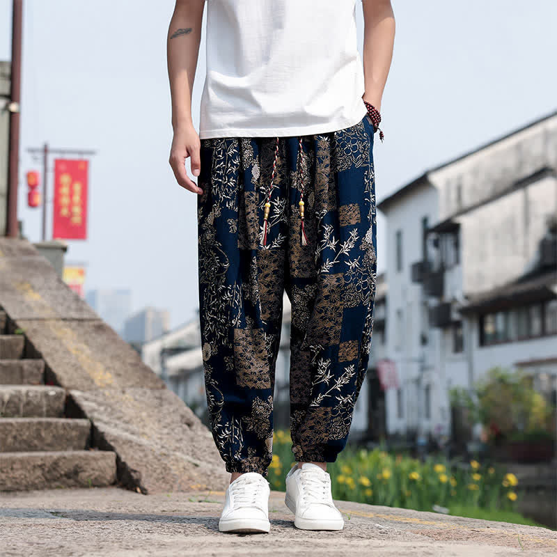 Buddha Stones Pantalones cortos de verano estilo boho casual con cordón ajustable, estampado de elefante y árbol, estilo harem para hombre con bolsillos. - Azul medianoche - US/UK/AU46, EU56 (5XL) - image 29