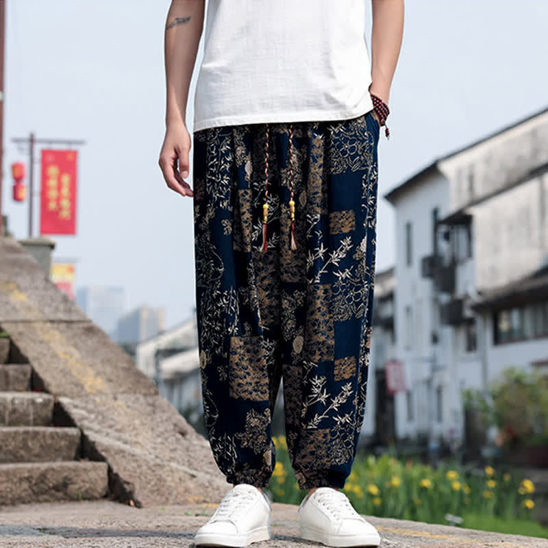 Buddha Stones Pantalones cortos de verano estilo boho casual con cordón ajustable, estampado de elefante y árbol, estilo harem para hombre con bolsillos. - image 35