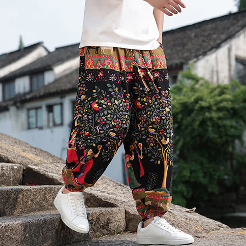 Buddha Stones Pantalones cortos de verano estilo boho casual con cordón ajustable, estampado de elefante y árbol, estilo harem para hombre con bolsillos. - image 25