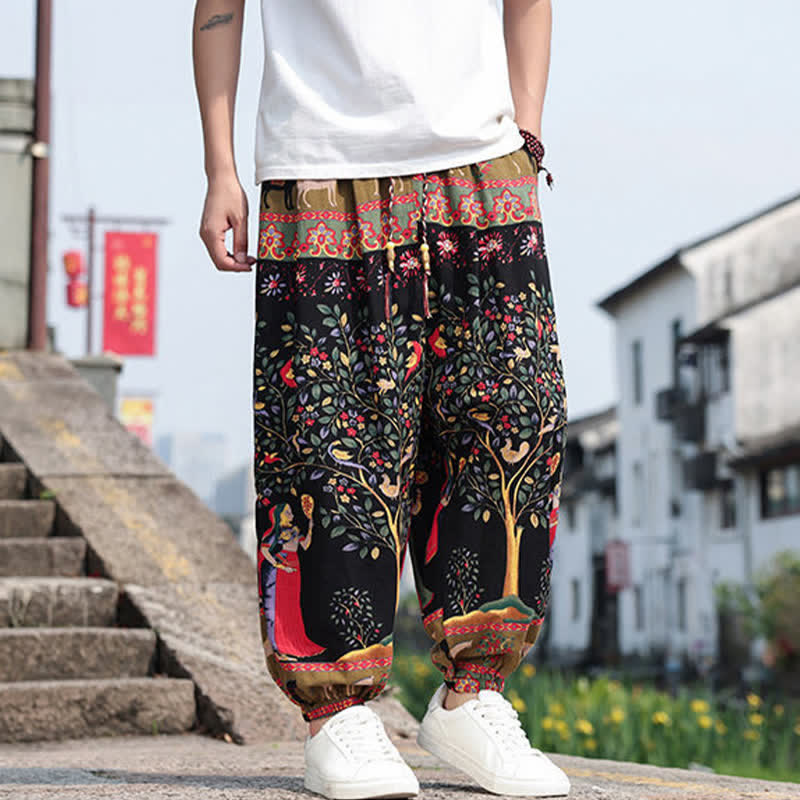 Buddha Stones Pantalones cortos de verano estilo boho casual con cordón ajustable, estampado de elefante y árbol, estilo harem para hombre con bolsillos. - image 24