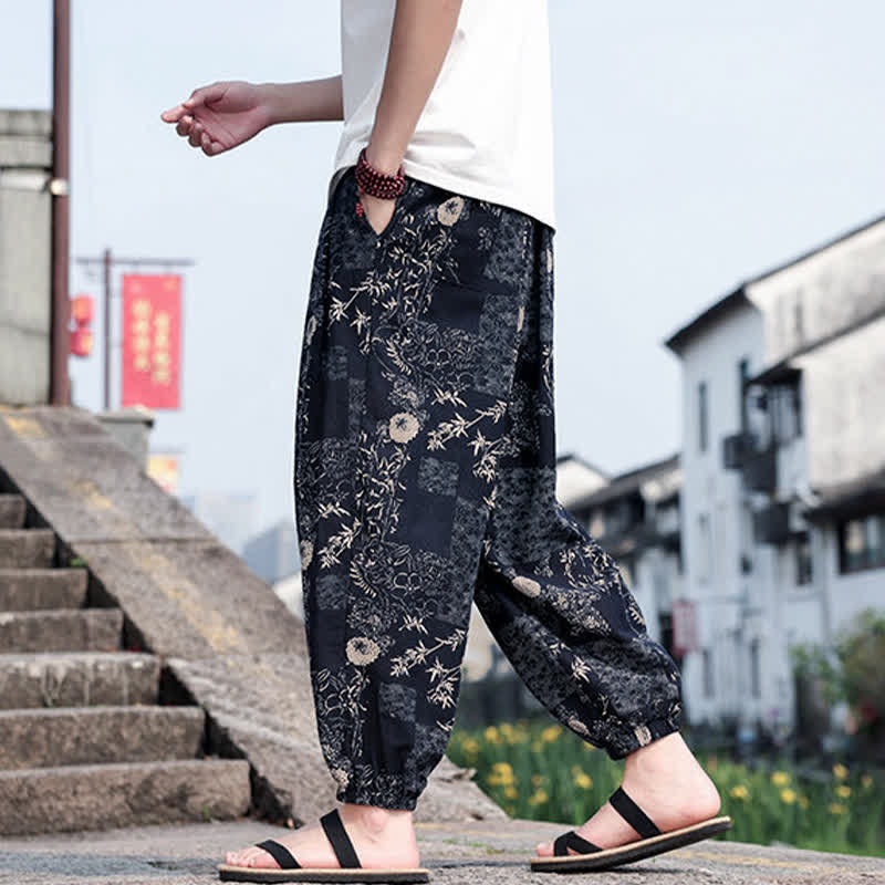 Buddha Stones Pantalones cortos de verano estilo boho casual con cordón ajustable, estampado de elefante y árbol, estilo harem para hombre con bolsillos. - image 9