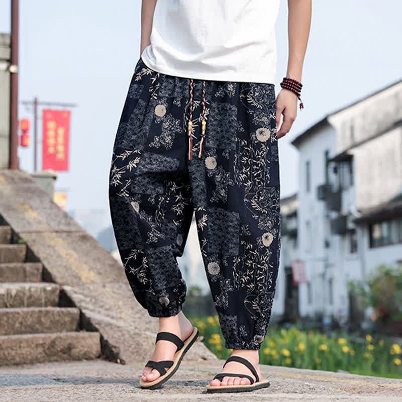 Buddha Stones Pantalones cortos de verano estilo boho casual con cordón ajustable, estampado de elefante y árbol, estilo harem para hombre con bolsillos. - image 13