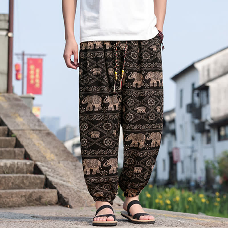 Buddha Stones Pantalones cortos de verano estilo boho casual con cordón ajustable, estampado de elefante y árbol, estilo harem para hombre con bolsillos. - image 1