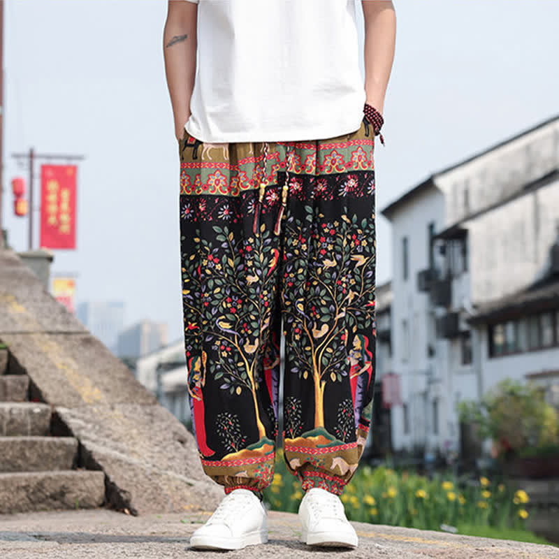Buddha Stones Pantalones cortos de verano estilo boho casual con cordón ajustable, estampado de elefante y árbol, estilo harem para hombre con bolsillos. - image 27