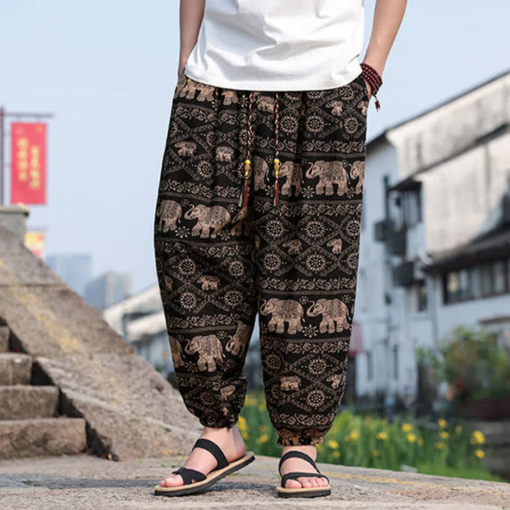 Buddha Stones Pantalones cortos de verano estilo boho casual con cordón ajustable, estampado de elefante y árbol, estilo harem para hombre con bolsillos. - image 5