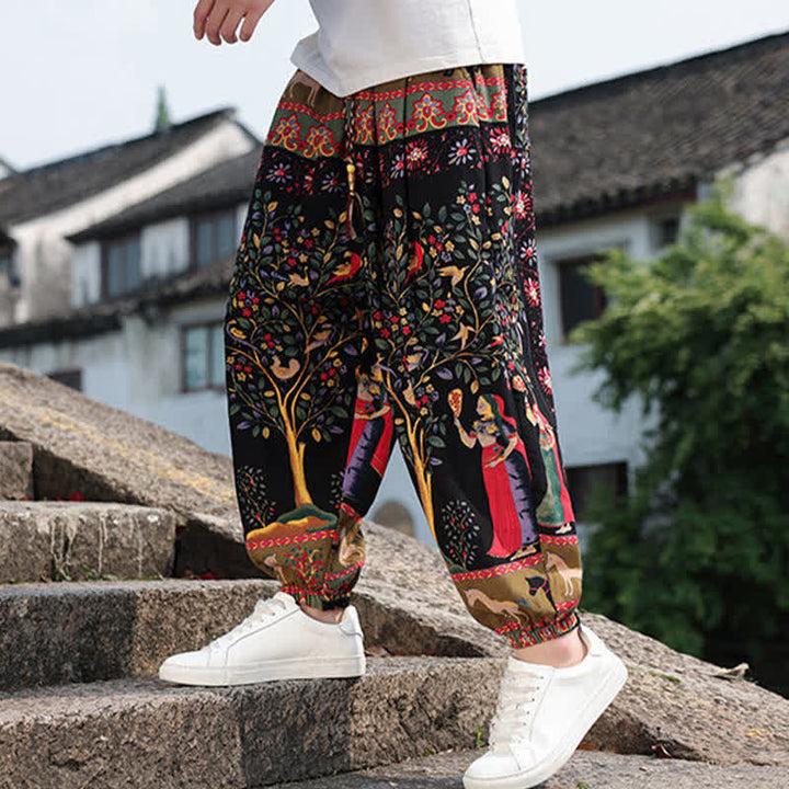 Buddha Stones Pantalones cortos de verano estilo boho casual con cordón ajustable, estampado de elefante y árbol, estilo harem para hombre con bolsillos. - image 26