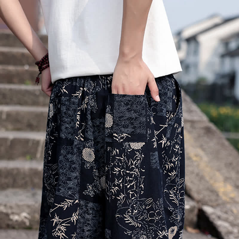 Buddha Stones Pantalones cortos de verano estilo boho casual con cordón ajustable, estampado de elefante y árbol, estilo harem para hombre con bolsillos. - image 18