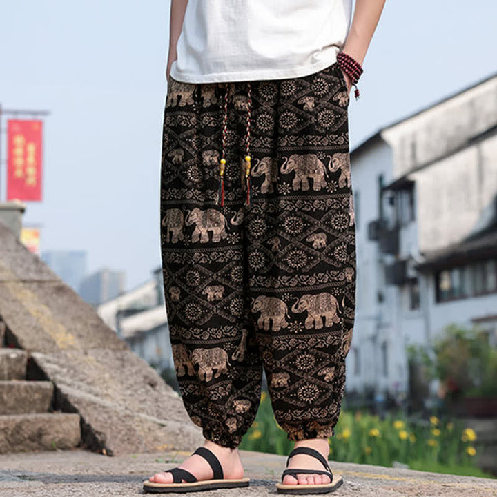 Buddha Stones Pantalones cortos de verano estilo boho casual con cordón ajustable, estampado de elefante y árbol, estilo harem para hombre con bolsillos. - image 2