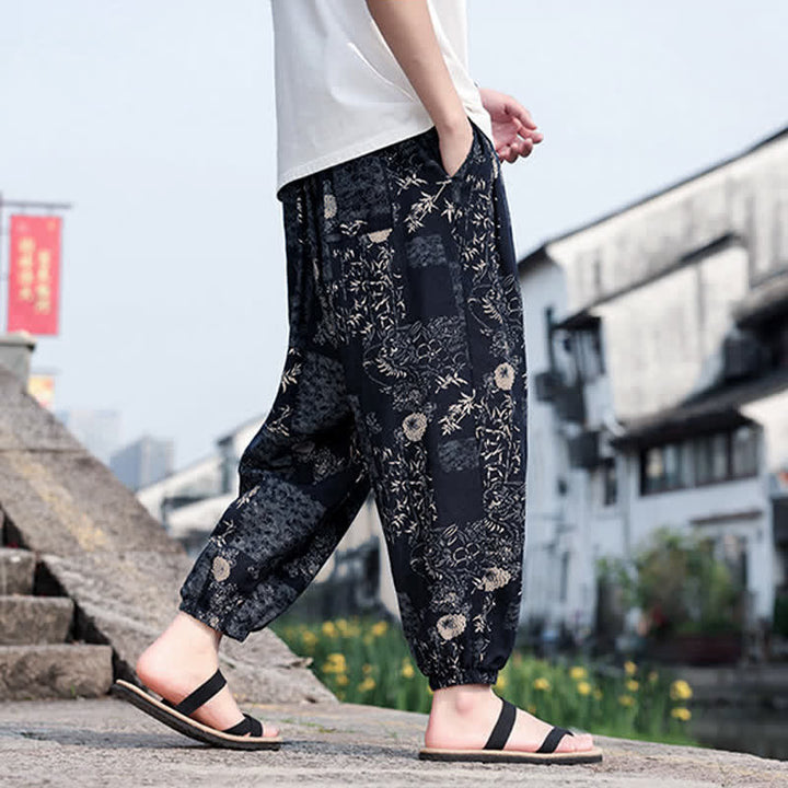 Buddha Stones Pantalones cortos de verano estilo boho casual con cordón ajustable, estampado de elefante y árbol, estilo harem para hombre con bolsillos. - image 12