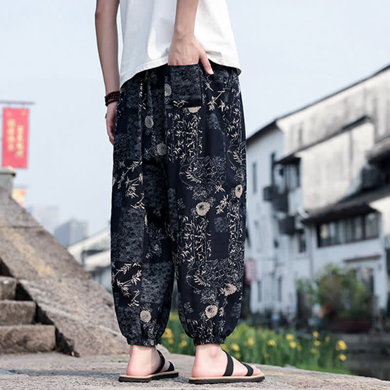 Buddha Stones Pantalones cortos de verano estilo boho casual con cordón ajustable, estampado de elefante y árbol, estilo harem para hombre con bolsillos. - image 11