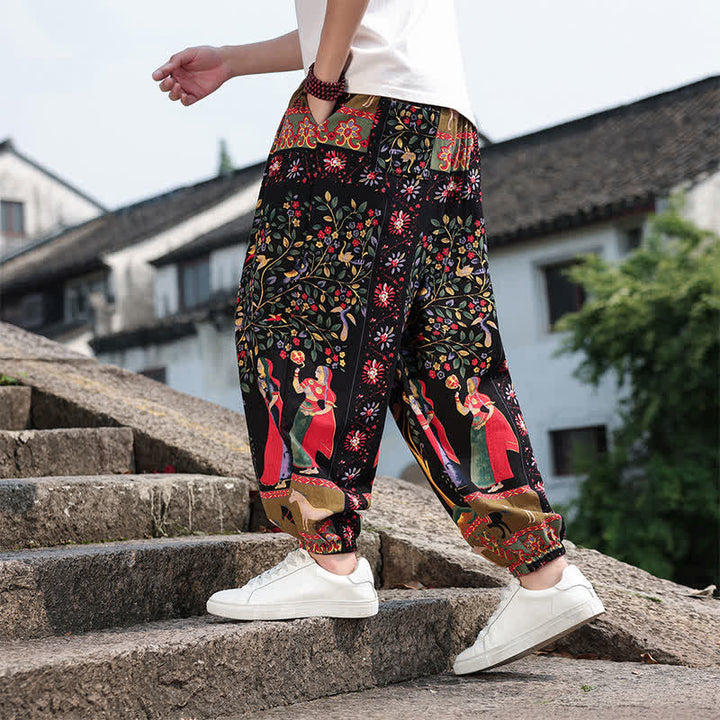 Buddha Stones Pantalones cortos de verano estilo boho casual con cordón ajustable, estampado de elefante y árbol, estilo harem para hombre con bolsillos. - image 23