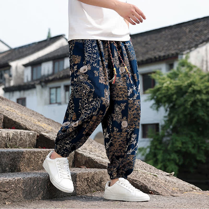 Buddha Stones Pantalones cortos de verano estilo boho casual con cordón ajustable, estampado de elefante y árbol, estilo harem para hombre con bolsillos. - image 33