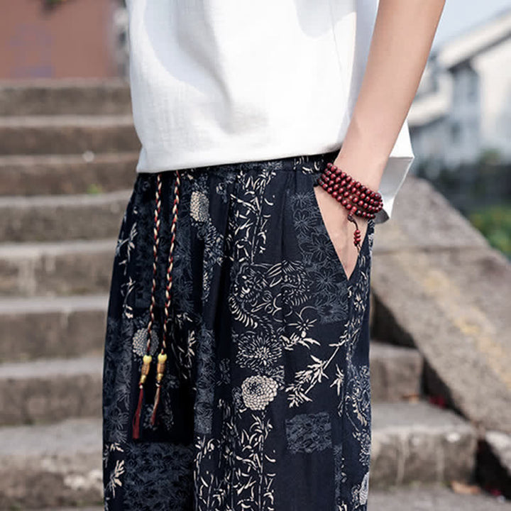 Buddha Stones Pantalones cortos de verano estilo boho casual con cordón ajustable, estampado de elefante y árbol, estilo harem para hombre con bolsillos. - image 17