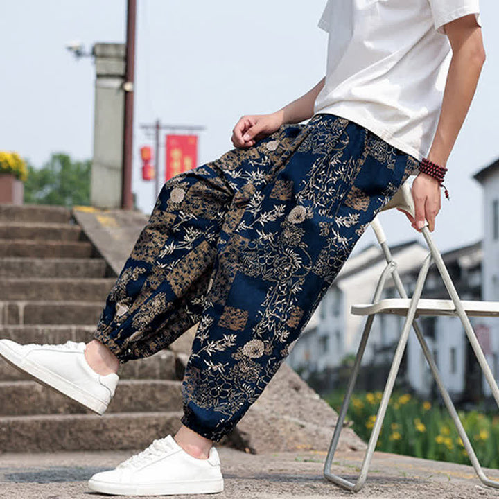Buddha Stones Pantalones cortos de verano estilo boho casual con cordón ajustable, estampado de elefante y árbol, estilo harem para hombre con bolsillos. - image 37