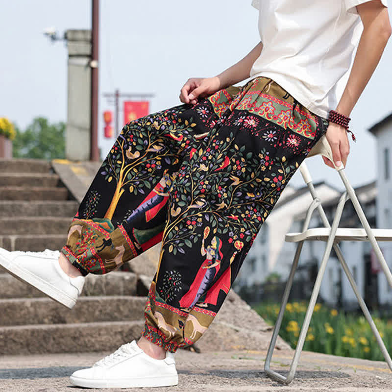 Buddha Stones Pantalones cortos de verano estilo boho casual con cordón ajustable, estampado de elefante y árbol, estilo harem para hombre con bolsillos. - image 28