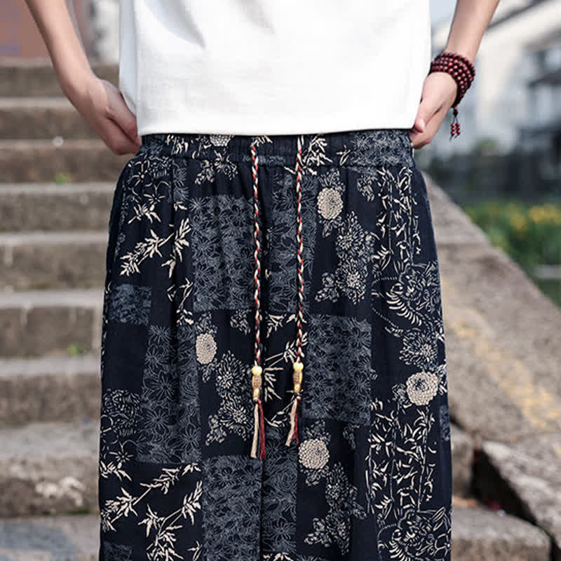 Buddha Stones Pantalones cortos de verano estilo boho casual con cordón ajustable, estampado de elefante y árbol, estilo harem para hombre con bolsillos. - image 16