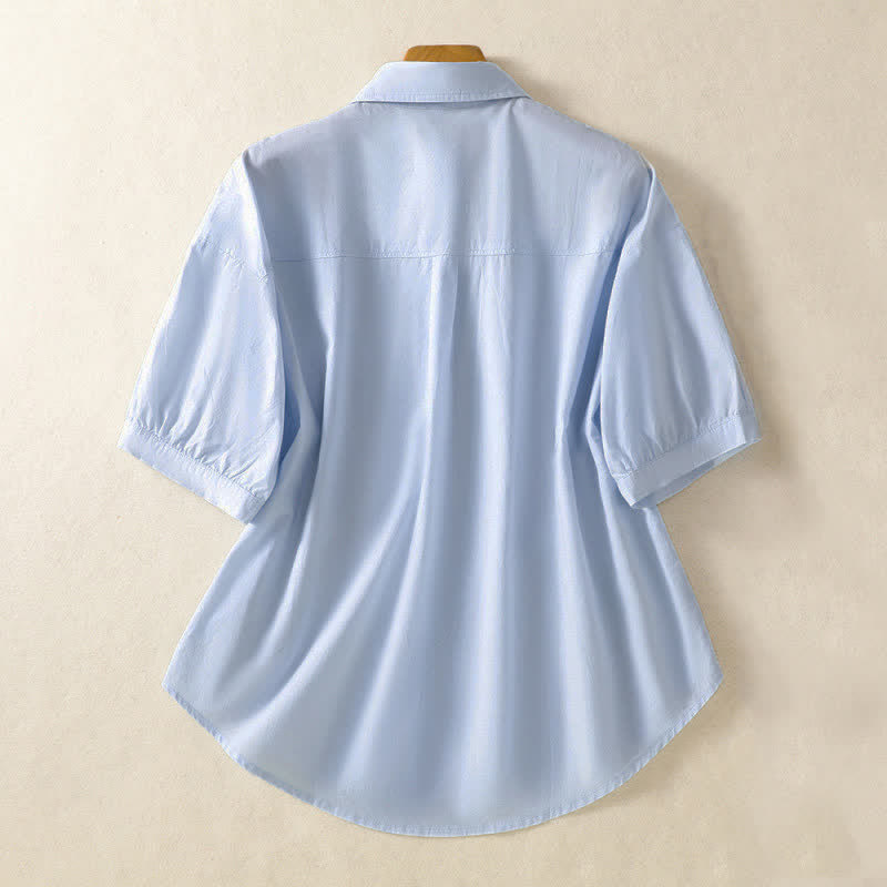 Buddha Stones Camisa de manga corta para mujer, estilo casual de verano, minimalista, con botones y bolsillo de parche. - image 1