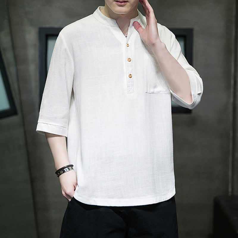 Buddha Stones Camisas de manga corta para hombre de estilo Tang casual de verano con cuello mandarín y bolsillo de parche. - Blanco - US/UK/AU46, EU56 (5XL) - image 0
